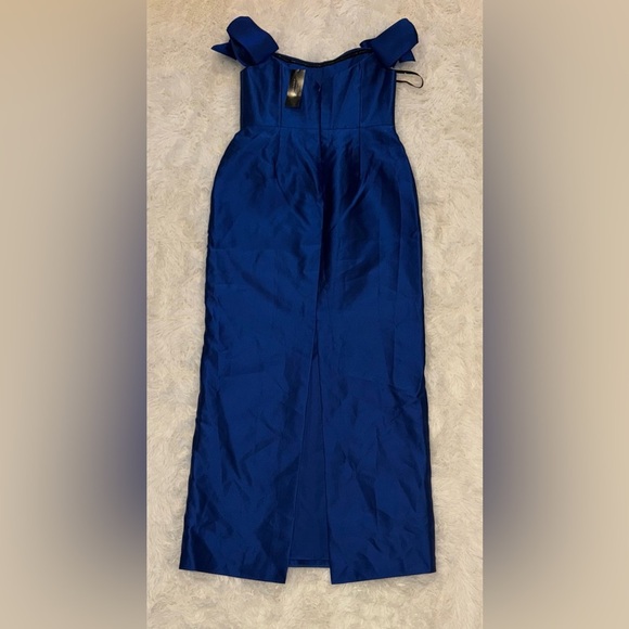 NEW Alfred Sung Bow Basque neck Off the Shoulder Satin Column Blue Gown Sz 14 - Picture 5 of 8